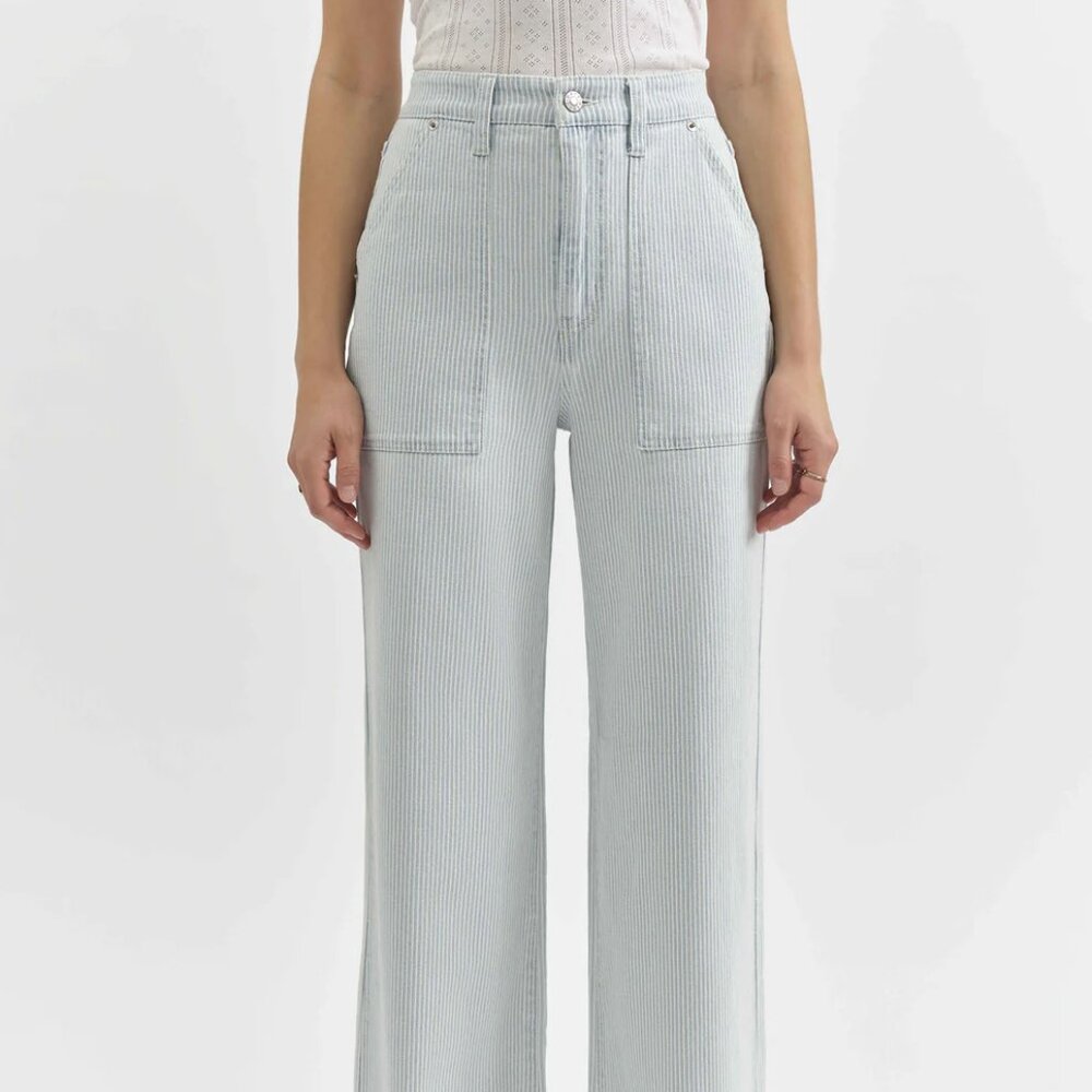 NWOT Daze Far Out Utility High Rise Wide Leg Jeans Blue Bell Railroad Stripe 30